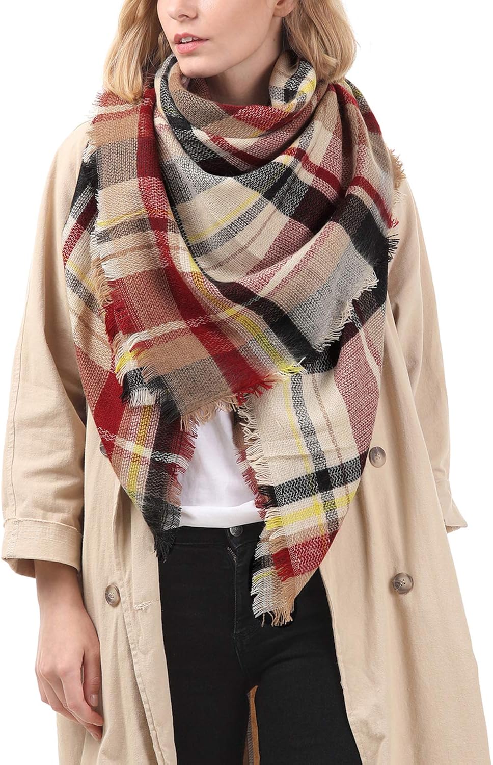 Zando Plaid Blanket Scarf Chunky Blanket Fall Stylish Scarves Women Soft Oversized Scarf Shawl Wrap Warm Cape Tassel Pink Light Red Scarfs at  Women’s Clothing store