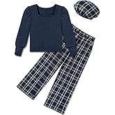 Jrbybazy Teen Girl Clothes Girls Outfits 3Pcs Square Neck Puff Sleeve Top Wide Leg Plaid Pants Kids Clothes Fall 6-14Y
