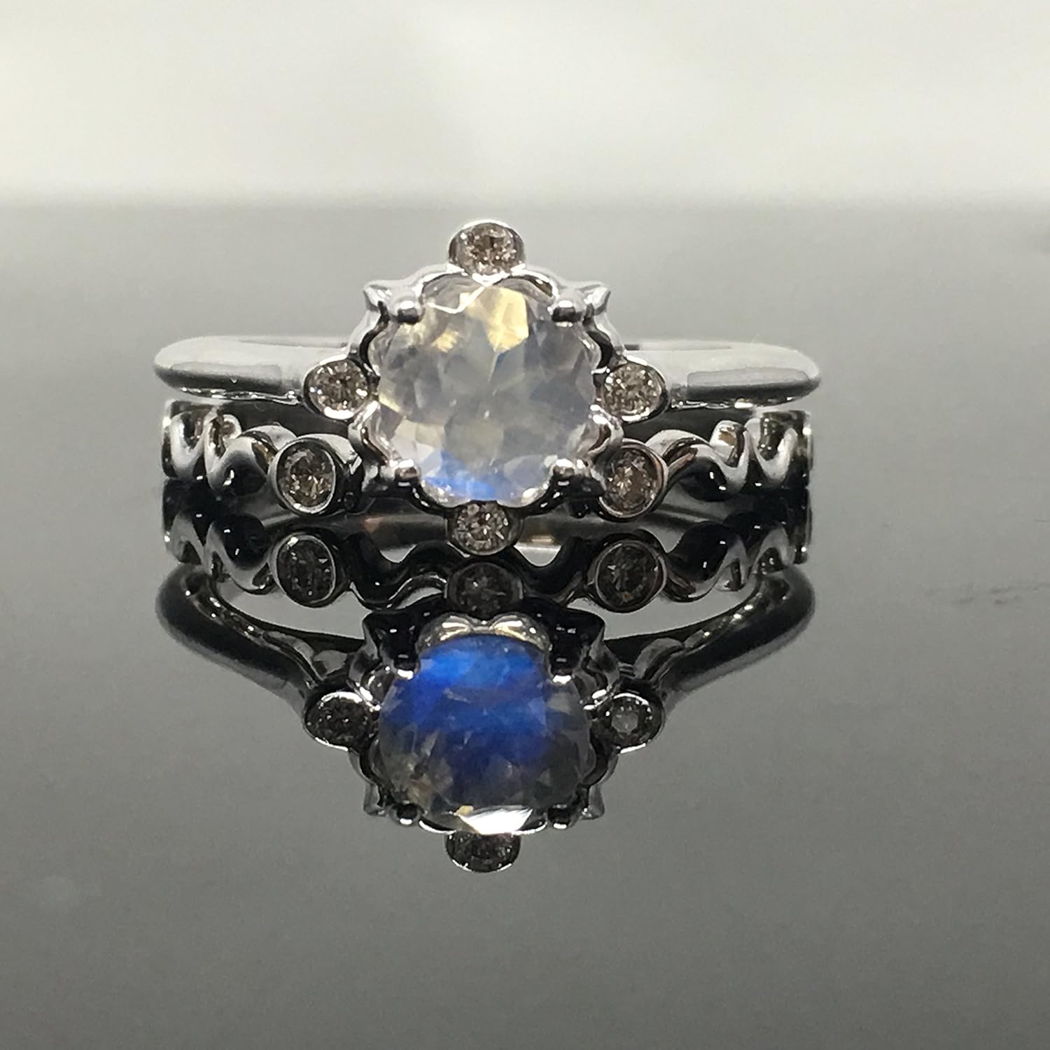 Moonstone Engagement Ring Set 14K White Gold Victorian