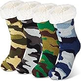 Berlune 4 Pair Men Fuzzy Slipper Socks with Grippers Winter Non Slip Indoor Warm Fleece Lined Thick Cozy Camouflage Socks for Men Accessories Supplies Gifts