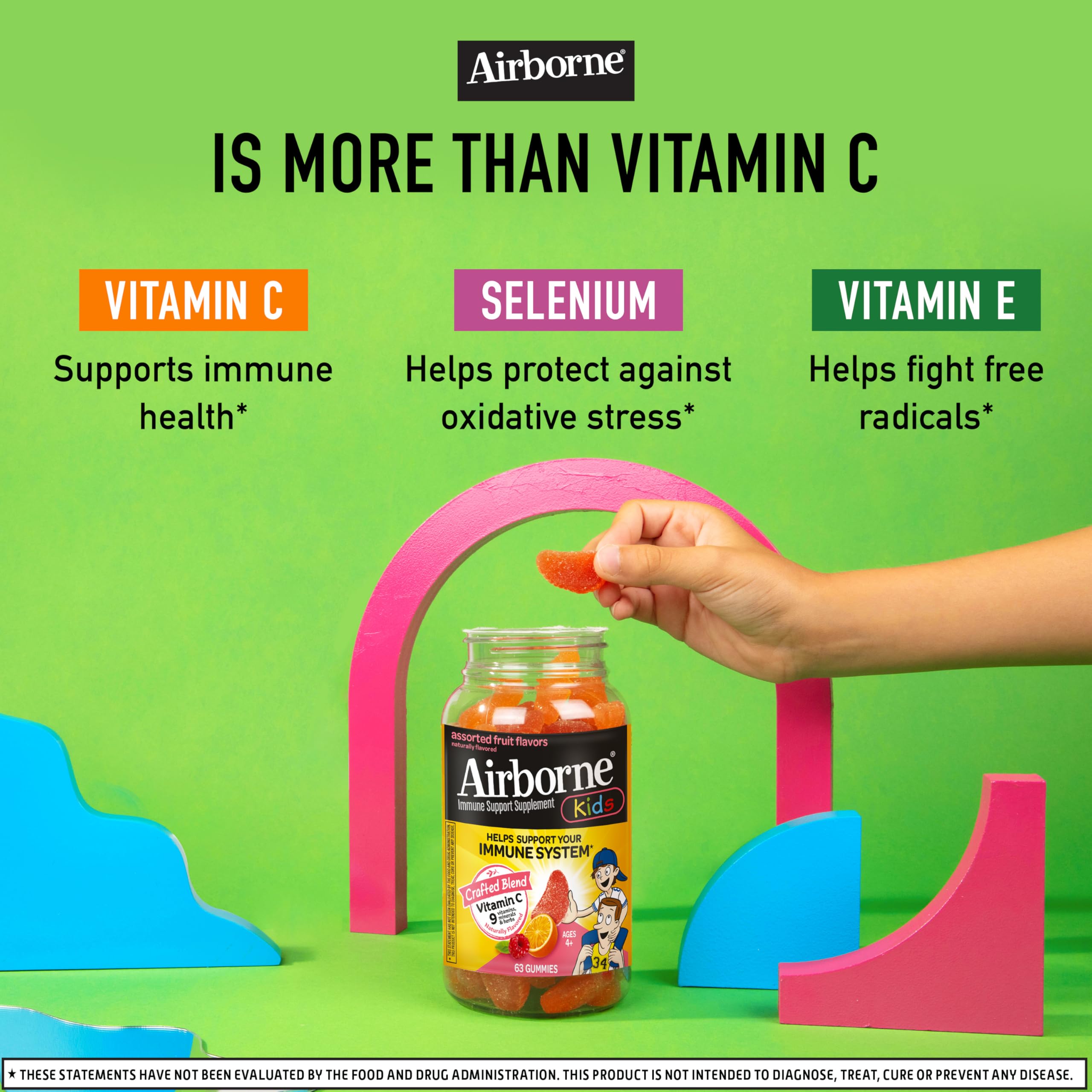 Airborne Vitamin C 500mg (per Serving) - Assorted Fruit Flavored Kids Gummies (63 Count in a Bottle), Gluten-Free Immune Support Supplement with Vitamins C E, Selenium