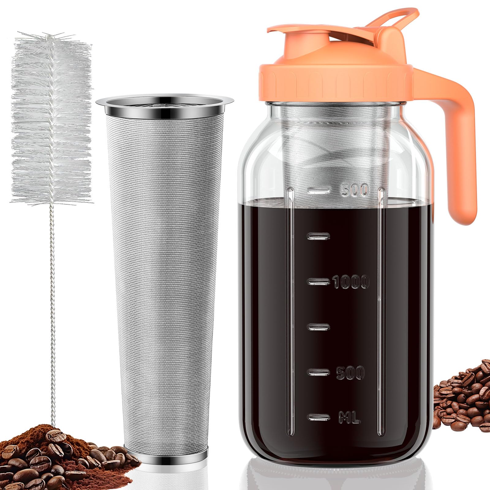Photo 1 of JunVpic Cold Brew Coffee Maker Jar - 64oz Thick Glass Multipurpose Mason Pitcher Spout Lid with Handle & Stainless Steel Filter for Iced Coffee, Lemonade, Ice Tea, Homemade Fruit Drinks Container