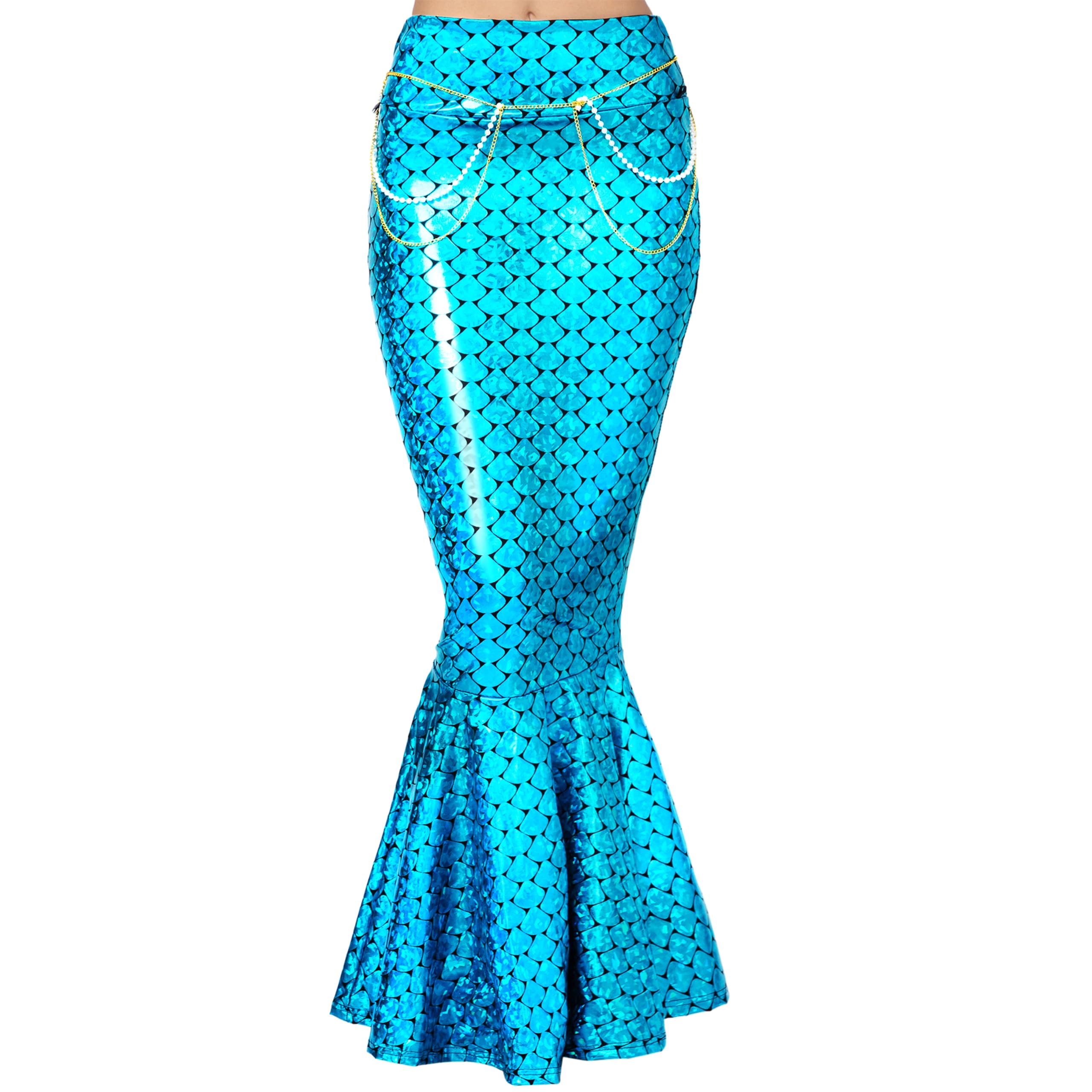 Spooktacular Creations Adult Metallic Hologram Shiny Mermaid Skirt Costume Role Play. Waist Pearl Chain Included Blue