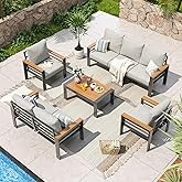 Aoxun Aluminum Patio Furniture Set 7 Seats, Grey | Oversized Outdoor Sectional with Washable Thick Cushions, Coffee Table, Patio Conversation Sets for Porch, Balcony, Deck