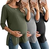 Baggyfly 3 Pack Women's 3/4 Sleeve Maternity Shirts Elbow Length Clothes Round Neck Tunics Pregnancy Loose Side Split Tops