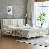 YUHUASHI upholstered Platform Bed Frame/King Bed Frame/Modern Geometric Double-Wing Design headboard/Velvet Fabric/Easy to Assemble no Noise (Cream, King (U.S. Standard))