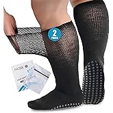 Facool 2 Pairs Extra Wide Wool Diabetic Socks, Merino Wool Comfort Non-Binding Top Loose Fit For Swollen Feet, Non-Slip Hospital Socks with Grippers, Black Large