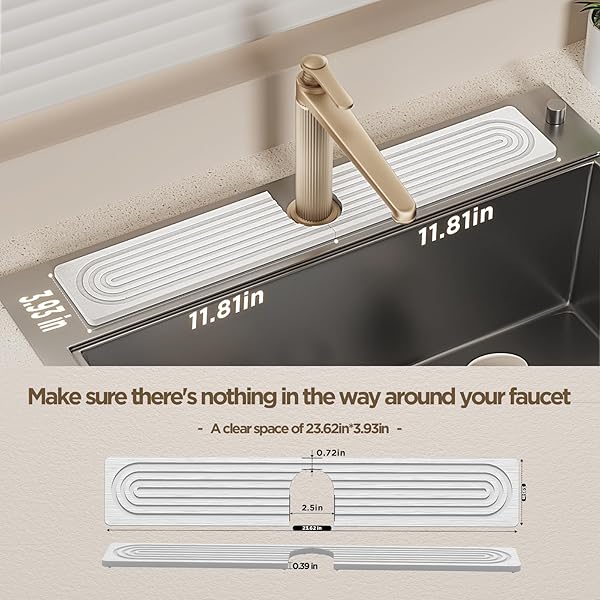 IMGROSE FAUCET MAT FOR KITCHEN SINK, DIATOMITE STONE DRYING SINK PROTECTORS, BATHROOM FAUCET SPLASH GUARD, QUICK DRY WATER ABSORBING, NON-SLIP STONE TRAY FOR KITCHEN COUNTER, WHITE, 23.6″ X 3.9″