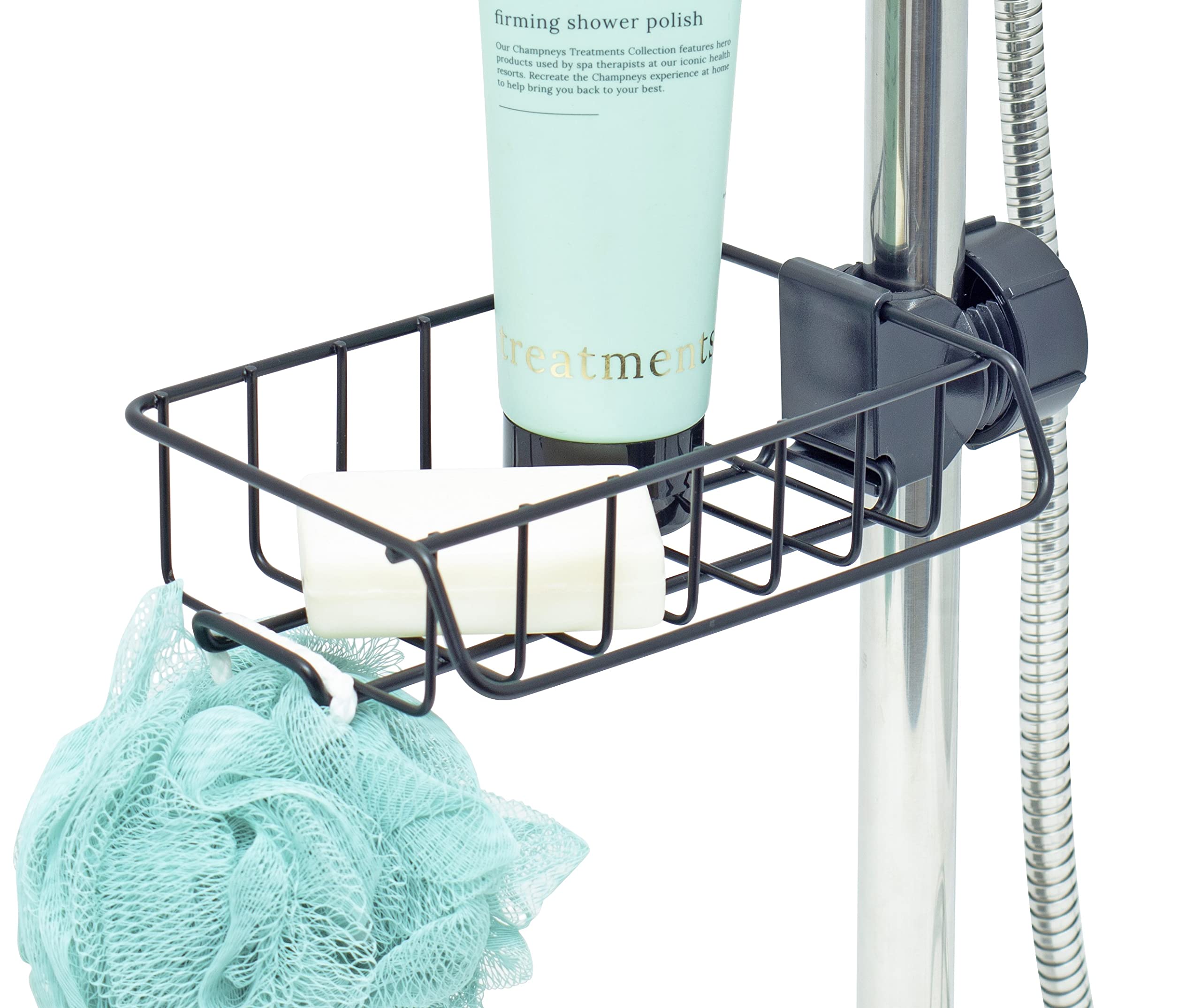 simplywire - Shower Storage Caddy - Screws onto Shower Pole - No Drill Bathroom Shelf - Black