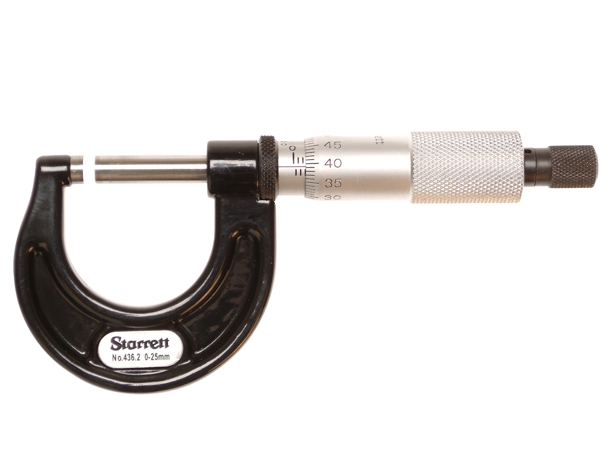 Starrett 436.2MXRL-25 Outside Micrometer, Ratchet Stop, Lock Nut, Carbide Faces 0-25mm Range
