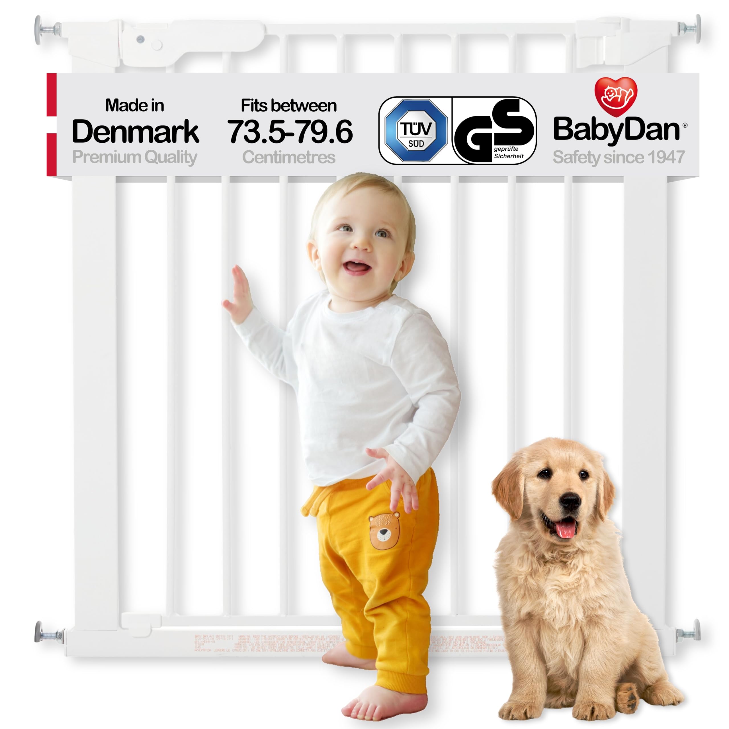 BabyDan Premier, Pressure Fit Stair Gate, Covers openings between 73.5-79.6 cm/28.9-31.3 inches, Baby Gate/Safety Gate, Metal, White, Made in Denmark - (Pet Gate/Dog gate) — image 1