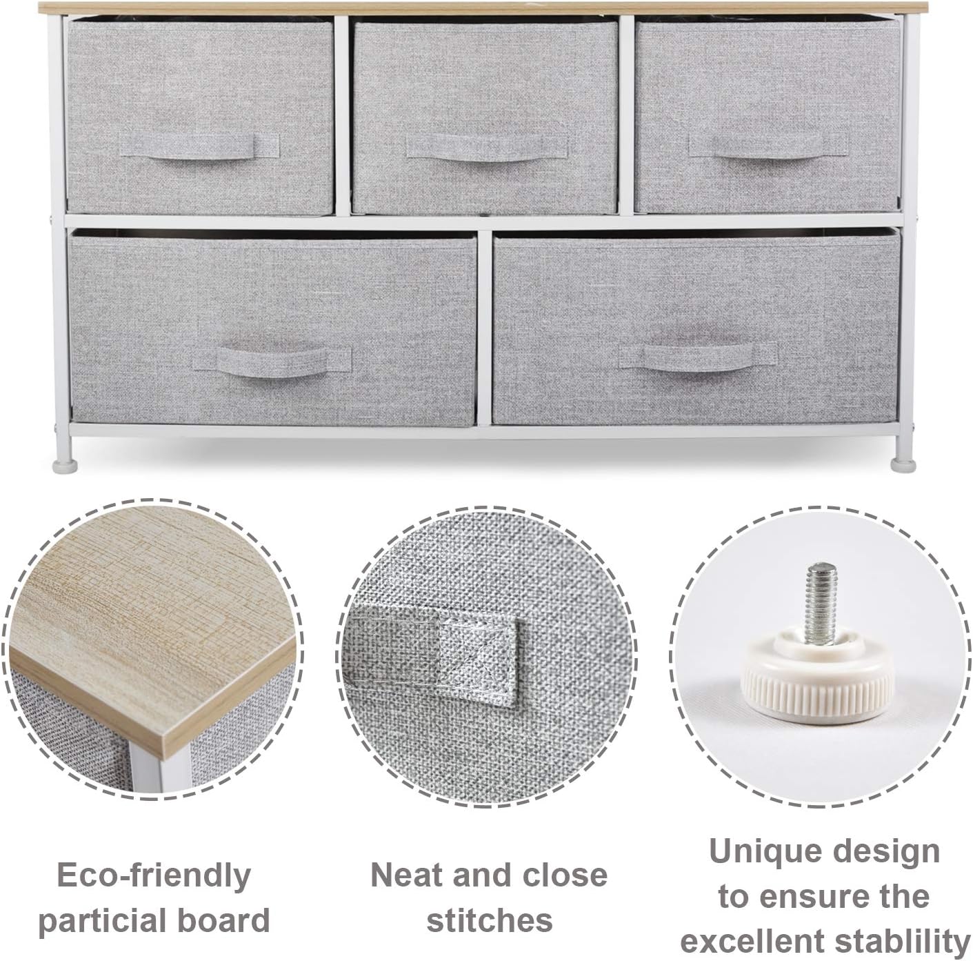 Wide Drawer Dresser Storage Organizer - CERBIOR 5-Drawer Closet Shelves, Sturdy Steel Frame Wood Top with Easy Pull Fabric Bins for Clothing, Blankets- Grey: Home Improvement