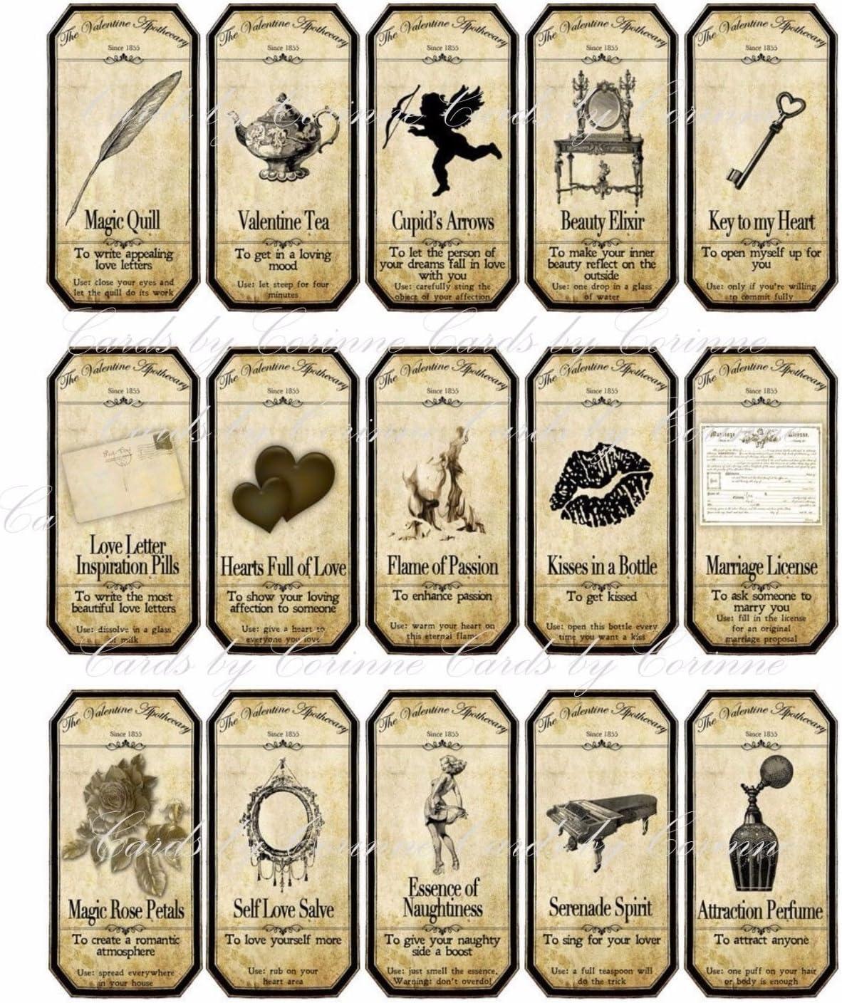 Vintage Inspired 15 steampunk Valentine apothecary bottle labels stickers laminated glossy cut ready to use.