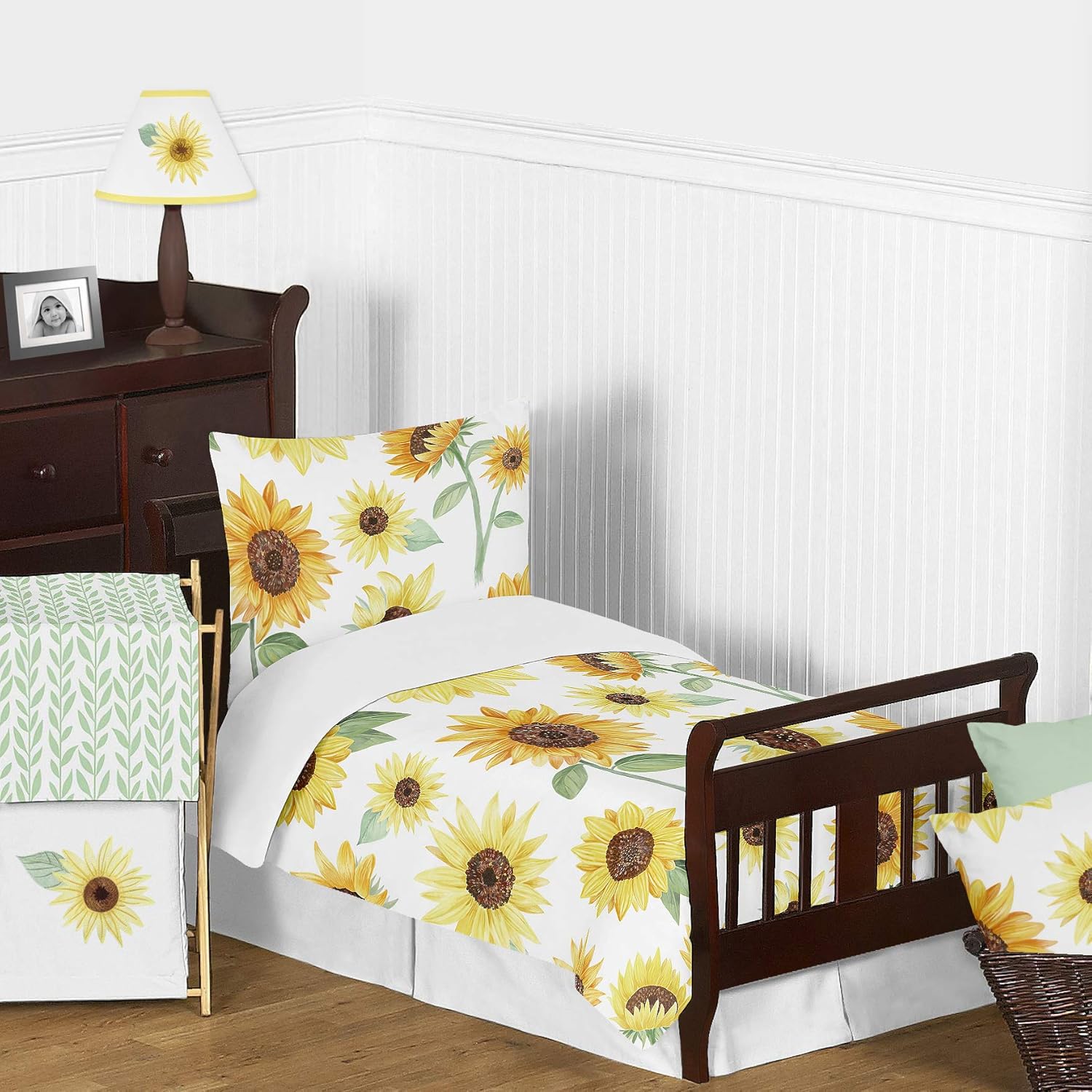 Sweet Jojo Designs Yellow, Green and White Sunflower Boho Floral Girl Toddler Kid Childrens Comforter Bedding Set - 5 Pieces Comforter, Sham and Sheets - Farmhouse Watercolor Flower