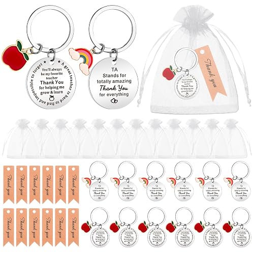 ViEinkaufen 12 Pcs Teacher Keyring Gifts, Metallic Appreciation Keychain with Thank You Cards Organza Bags for Employee Volunteer Nurse Teachers(Rainbow)
