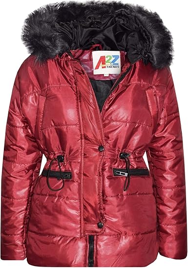 red padded faux fur hooded coat