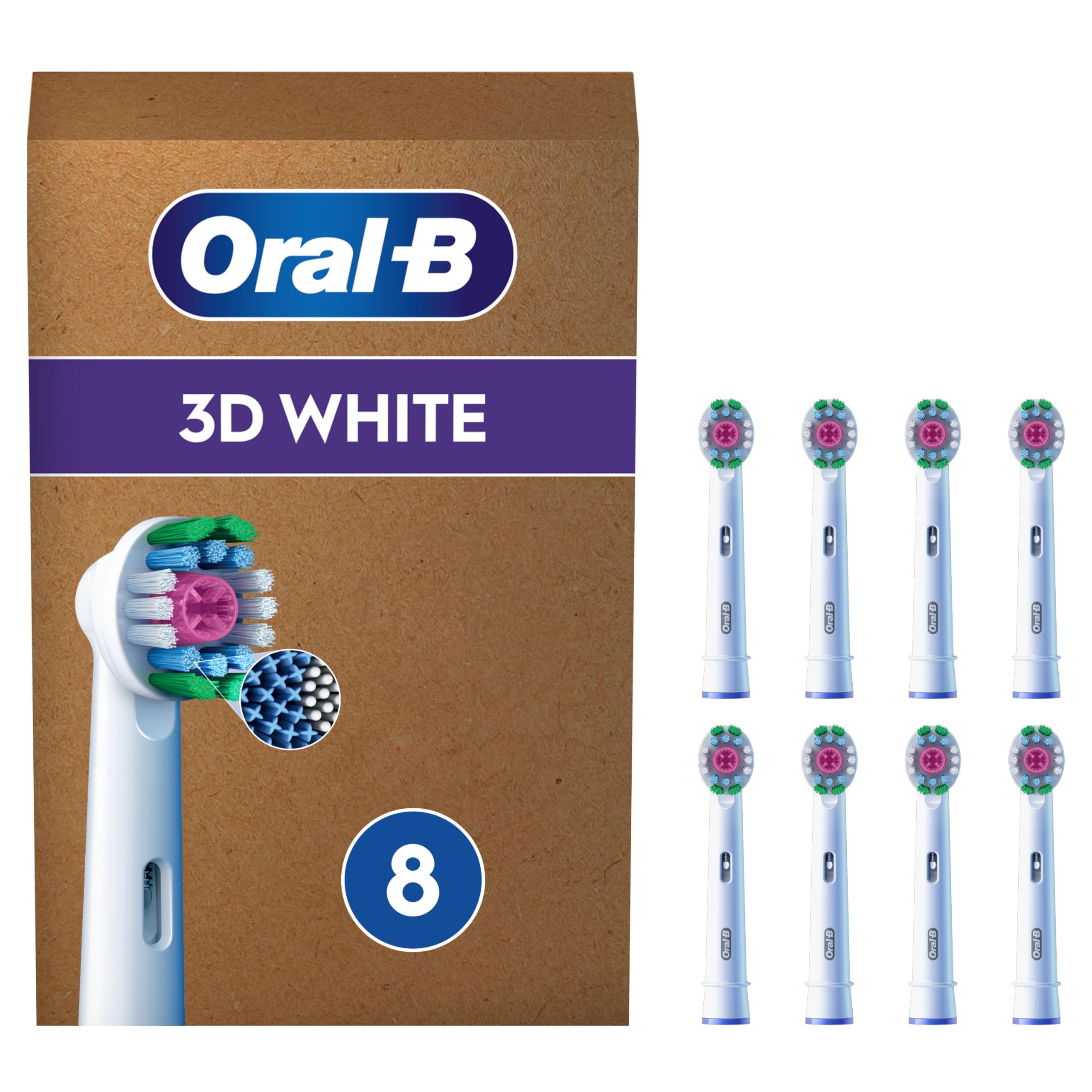 Oral-B Pro Lot De 8 Brossettes De Rechange 3D White, AUTHENTIQUES, Blanches, Cupule De Polissage Pour Des Dents Blanches Sans Taches, Embout Pour Les Brosses A Dents Electriques Oral B Pro, Carton