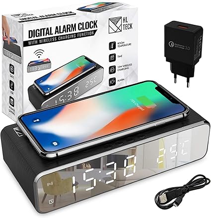 Reveil Numerique Avec Chargeur A Induction Sans Fil Rapide 10w Horloge Avec Affichage Digital Lumineux Led D Heure Date Temperature Alarme Reveil Matin Base De Chargement Qi Pour Iphone Samsung Amazon Fr High Tech