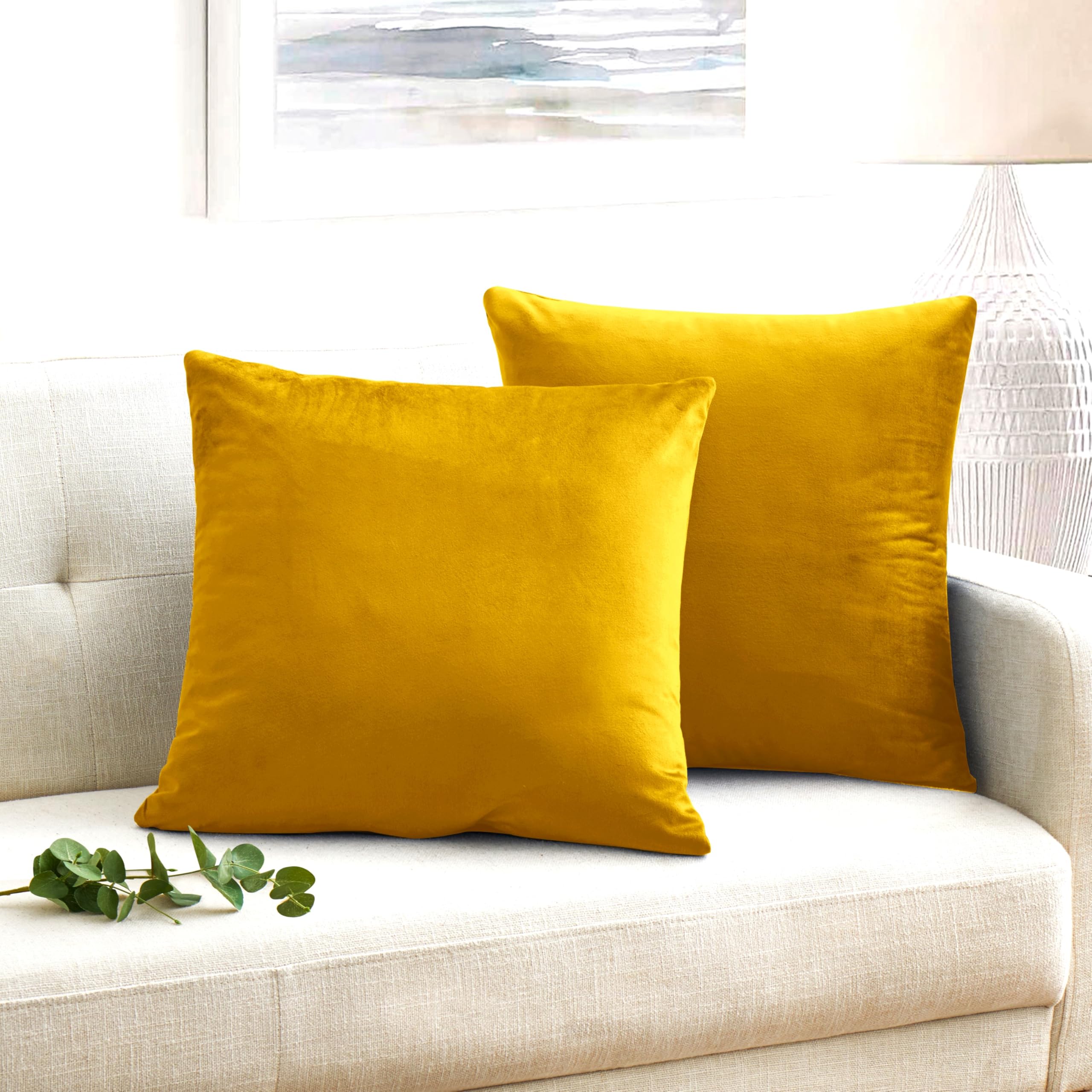 Oxford Homeware Velvet Cushion Covers Pack of 2 Decorative Covers Square Throw Pillow Cases for Sofa Bedroom Couch Living Room with Invisible Zipper (Ochre, 18 x 18 Inch)