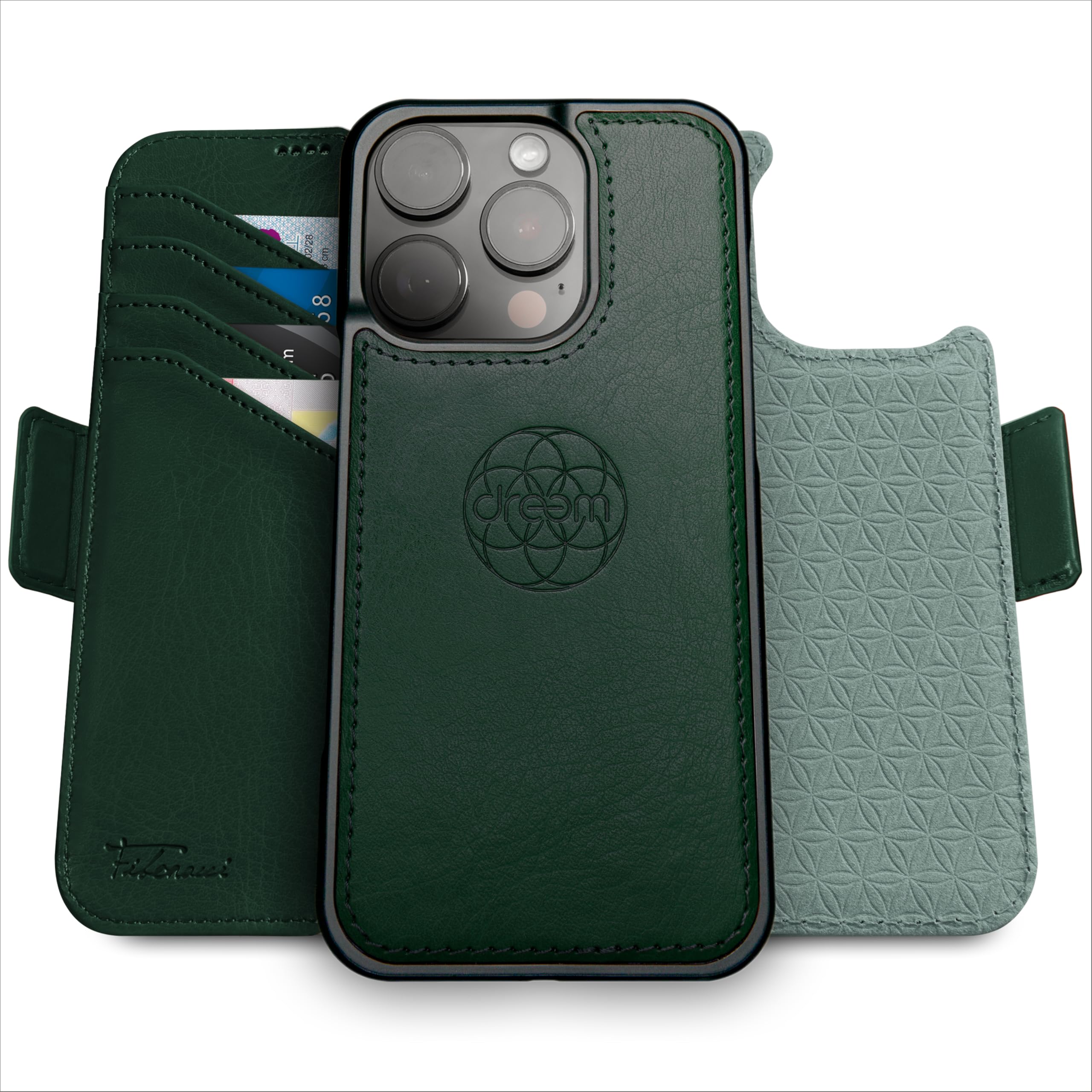 dreem Wallet Case for iPhone 16 Pro, Revolutionary Vert/Hor Phone Stand, Magnetic Detachable Vegan Leather Flip Cover RFID Blocking Card Holder, MagSafe-Fit, Gift Box [Fibonacci: Green]