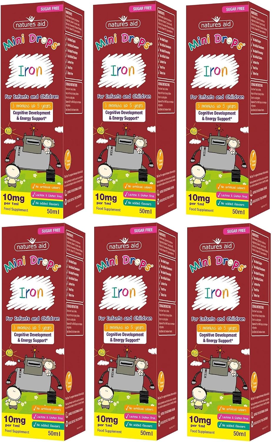 Natures Aid Iron Mini Drops for Infants and Children Cognitive Development, Sugar Free, 50 ml (Pack of 6)
