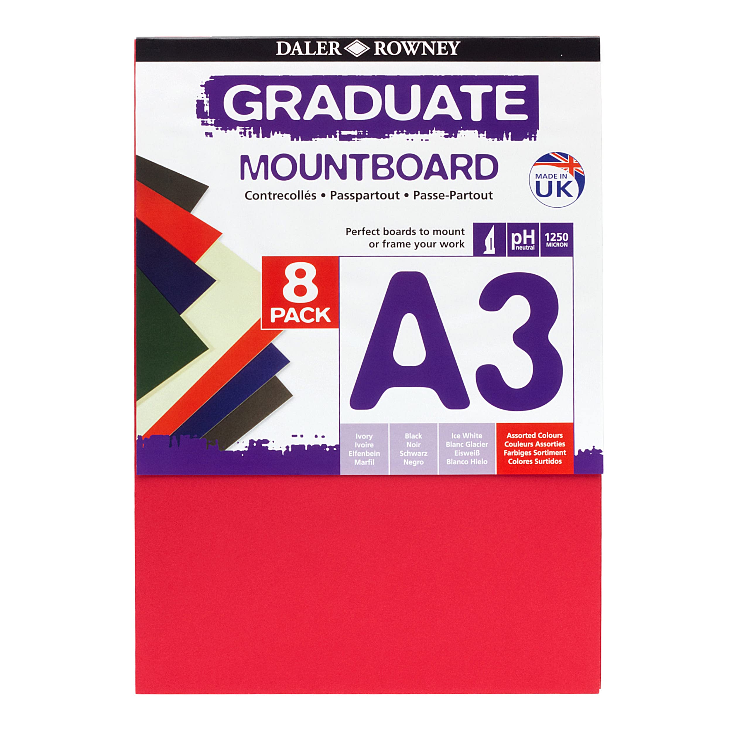 Daler-Rowney Graduate Cream Core A3 Mountboard Pack, 8 x Assorted Colours, Smooth Surface, 1.25mm Thick, For Student Artists & Hobbyists