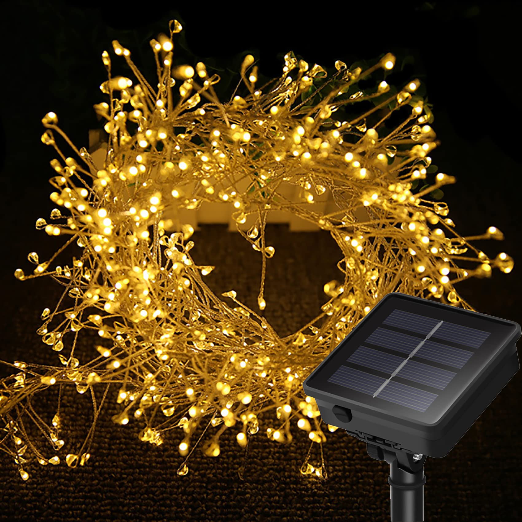DINOWIN Solar Firecracker Lights 19.68Ft 200 LED Waterproof Cluster Lights 8 Lighting Mode Christmas Fairy Lights Fire Crackers Garland Fairy Light for Garden Wedding Party (Warm White)