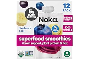 Noka Superfood Fruit Smoothie Pouches Ready to Drink with Brain Support, Healthy Snacks w/ 850mg Omega-3 Flax Seed Plant Protein Vegan Gluten Free Organic Fruit Squeeze Pouch Blueberry Acai 4.22 oz 12 Count