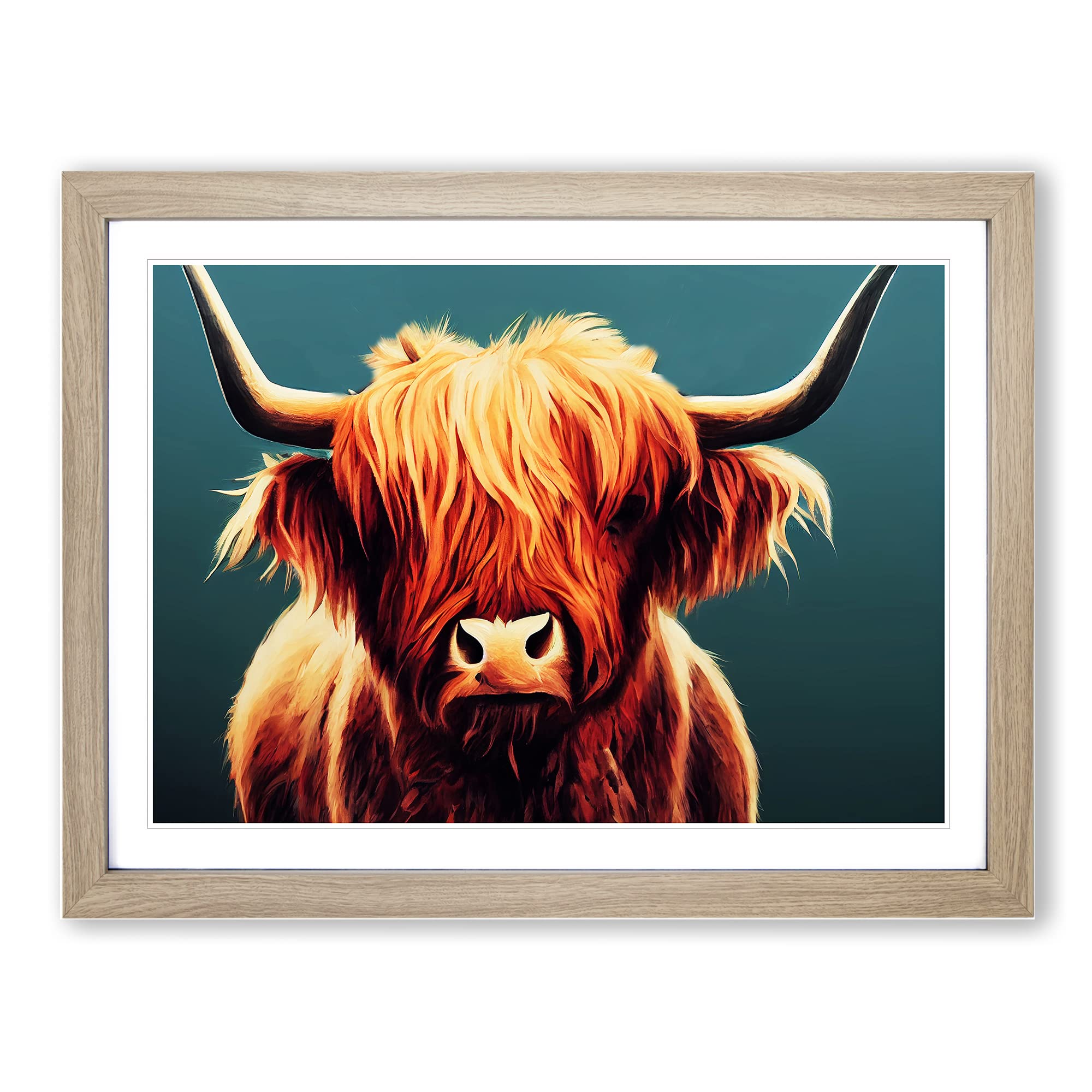 Highland Cow Portrait Vol.2 Framed Print | A3 Oak Framed Wall Art | Ready to Hang | Modern Animal Picture | Living Room Bedroom Lounge Office