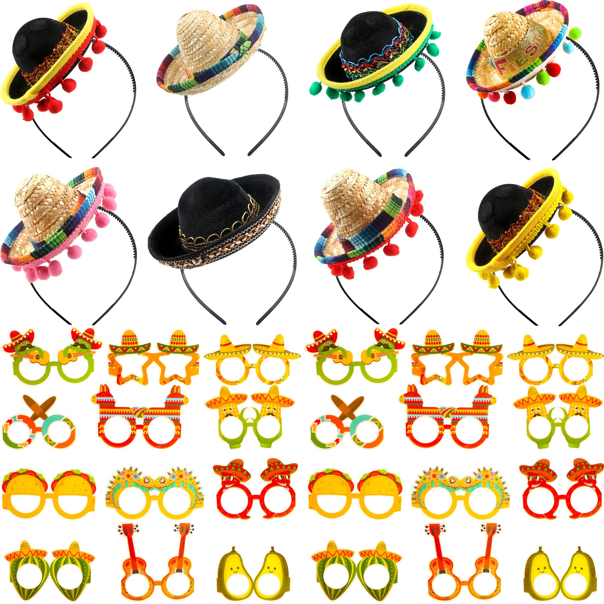 Sonarun 32 Pack Cinco De Mayo Fiesta Party Favors Include 8 Pcs Straw Fiesta Sombrero Headbands 24 Pcs Mexican Paper Glasses for Mexican Party Photo Props Decoration