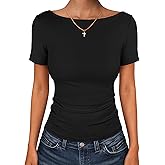 ANRABESS Women Boat Neck Tops Short Sleeve T-Shirts Ribbed Knit Tight Fitted Basic Tees Shirts 2026 Summer Clothes