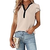 Blooming Jelly Women's Dressy Casual Tops Business Work Blouses White Button Down Shirts Cap Sleeve V Neck Tshirt