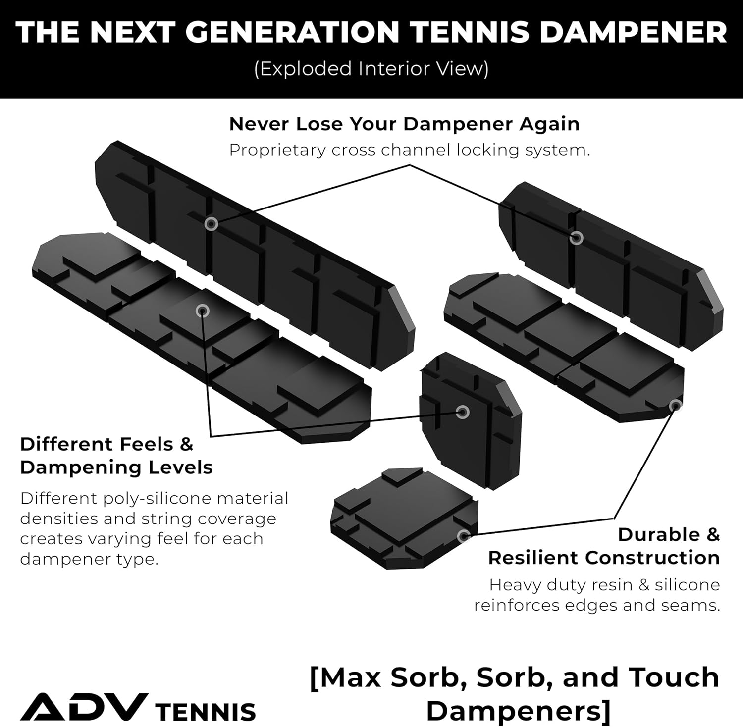ADV Tennis Vibration Dampener - Set of 3 - Ultimate Shock Absorbers for Racket and Strings - Premium Quality, Durable, and 100% Reliable - Newest Technology (Black) : Sports & Outdoors