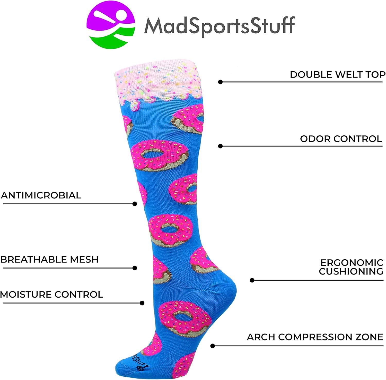 MadSportsStuff Donut Over The Calf Socks (Paradise Blue/Neon Pink, Small) : Clothing