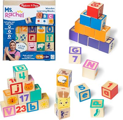 Melissa & Doug Ms. Rachel Wooden Learning Blocks 26 Letters Numbers Cards 18m+