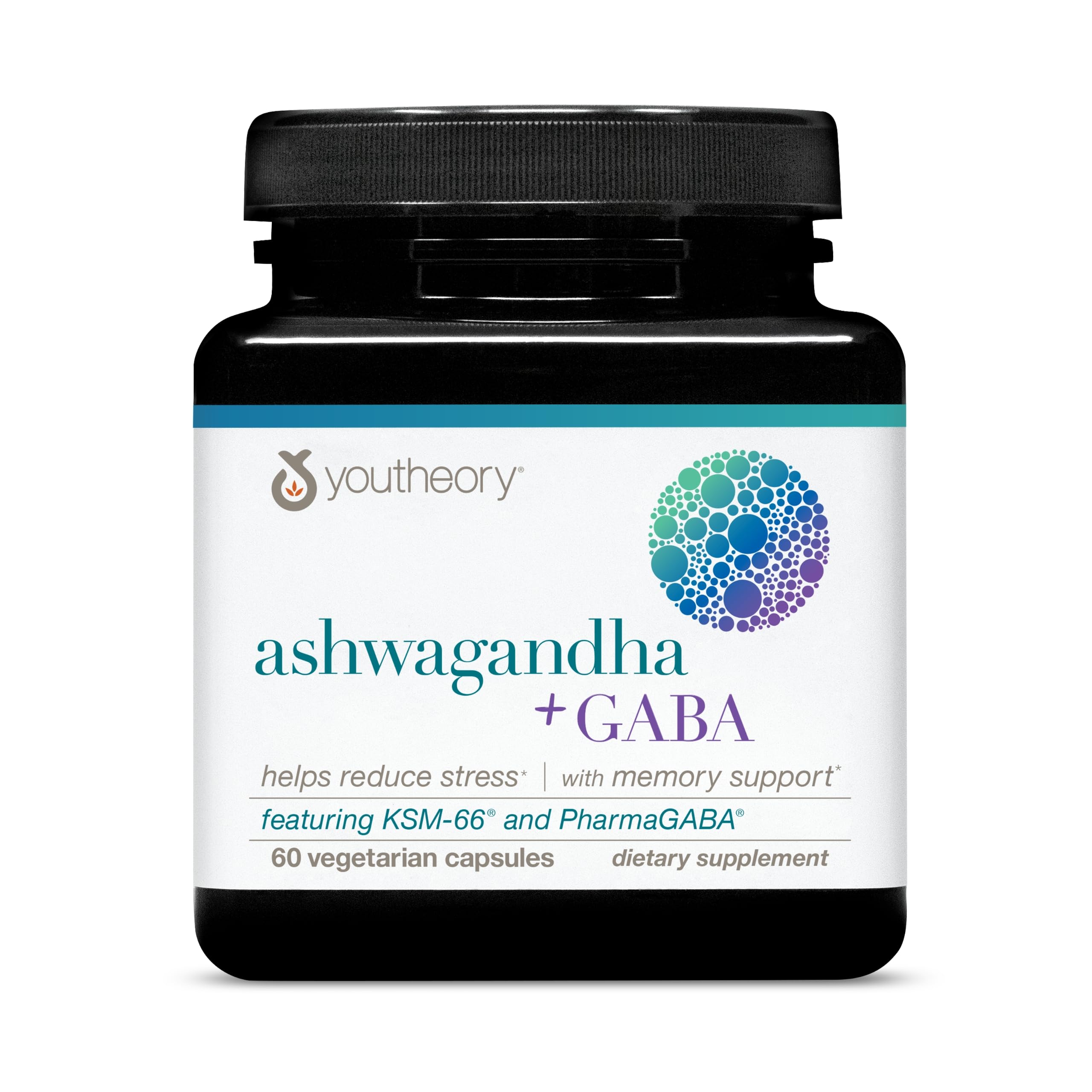 Youtheory Ashwagandha + GABA - Uses KSM-66-1,000 mg Ashwagandha & 100 mg GABA - Cortisol, Stress & Memory Support Supplement - 60 Vegetarian Capsules