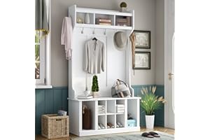 ACQCA 39.4" Hall Tree with Bench and Shoe Storage, 3-in-1 Entryway Ottoman with Coat Rack and Adjustable Shelf for Mudroom,Hallway,White