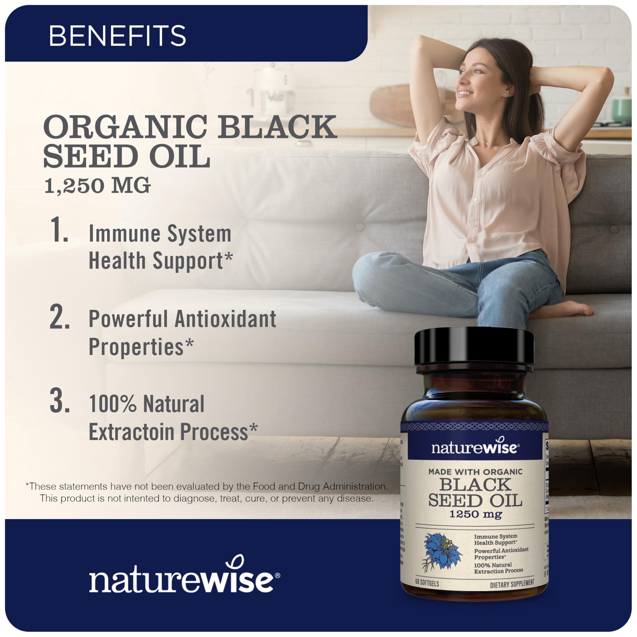 NatureWise Black Seed Oil Softgels 1250 mg - with 100% Organic Cold Pressed Nigella Sativa - Omega 3 6 9 - Antioxidant Immune Support, Hair & Skin - Non-GMO, Gluten-Free - 60 Softgels[1-Month Supply]
