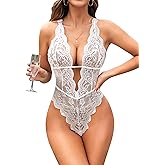 Aranmei Sexy Lingerie for Women Hollow Out Floral Lace Bodysuit One Piece Lingerie Deep V Teddy Babydoll Underwear