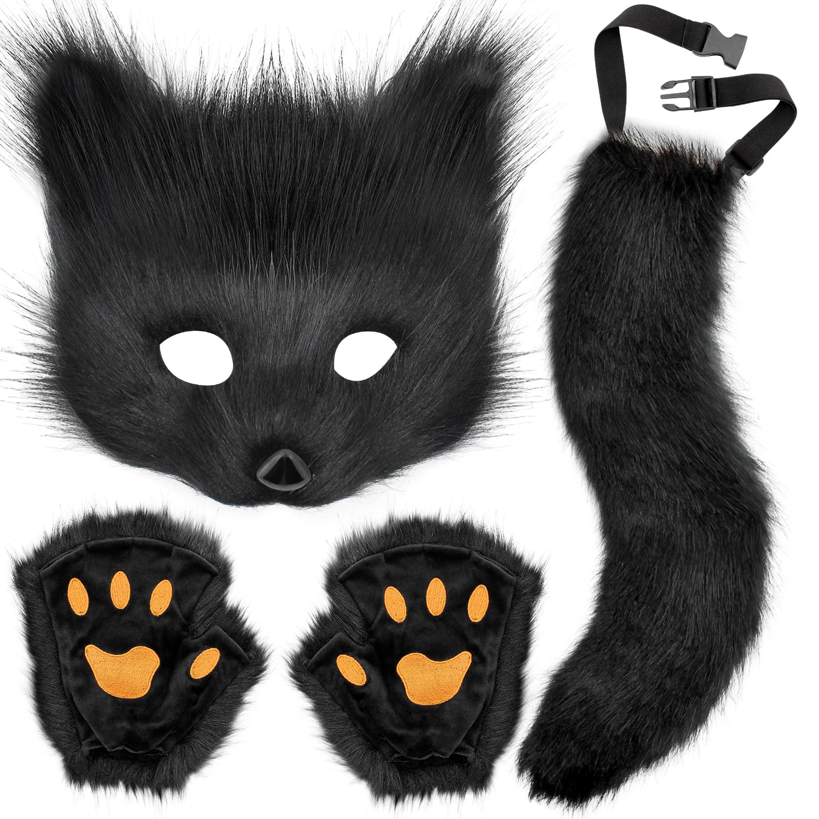 Therian Mask and Paw Gloves Set, Handmade Wolf Paw Gloves, Faux Fur Fox Tail, Cat Cosplay, Halloween Masquerade Costume (Black, 19.7" Tail)