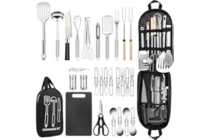 Nineigh Camping Cooking Utensils Set, Stainless Steel Grill Tools, Camping BBQ Cookware Gear and Equipment for Travel Tenting RV Van Picnic Portable Kitchen Essentials Accessories