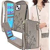 Lacass Case Compatible with iPhone 15 Plus/iPhone 14 Plus, Crossbody Dual Zipper Detachable Leather Wallet Phone case Cover (Floral Gray)