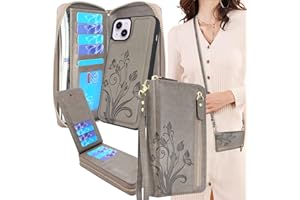 Lacass Case Compatible with iPhone 15 Plus/iPhone 14 Plus, Crossbody Dual Zipper Detachable Leather Wallet Phone case Cover (Floral Gray)