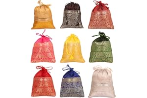 Touchstone Traditional Indian Heritage Print Drawstring Purse Bag Pouch Potli for Wedding Jewelry Packaging for Women.