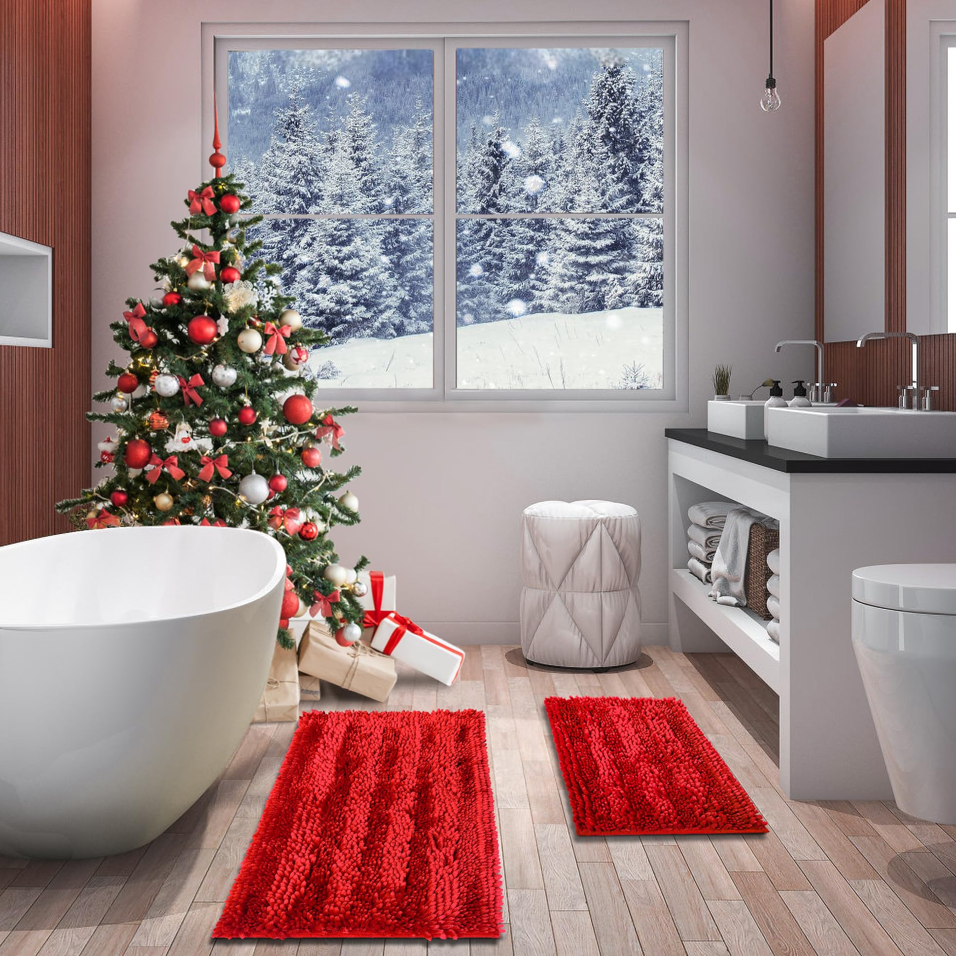 Photo 1 of Civkor Red Bathroom Rugs Bath Mat Rug Set 2 Piece Butter Chenille, Shiny Noodle Bathroom Mats 31x20 and 24x16 Inch with Non Slip Backing, Super Water Absorbent, Machine Washable