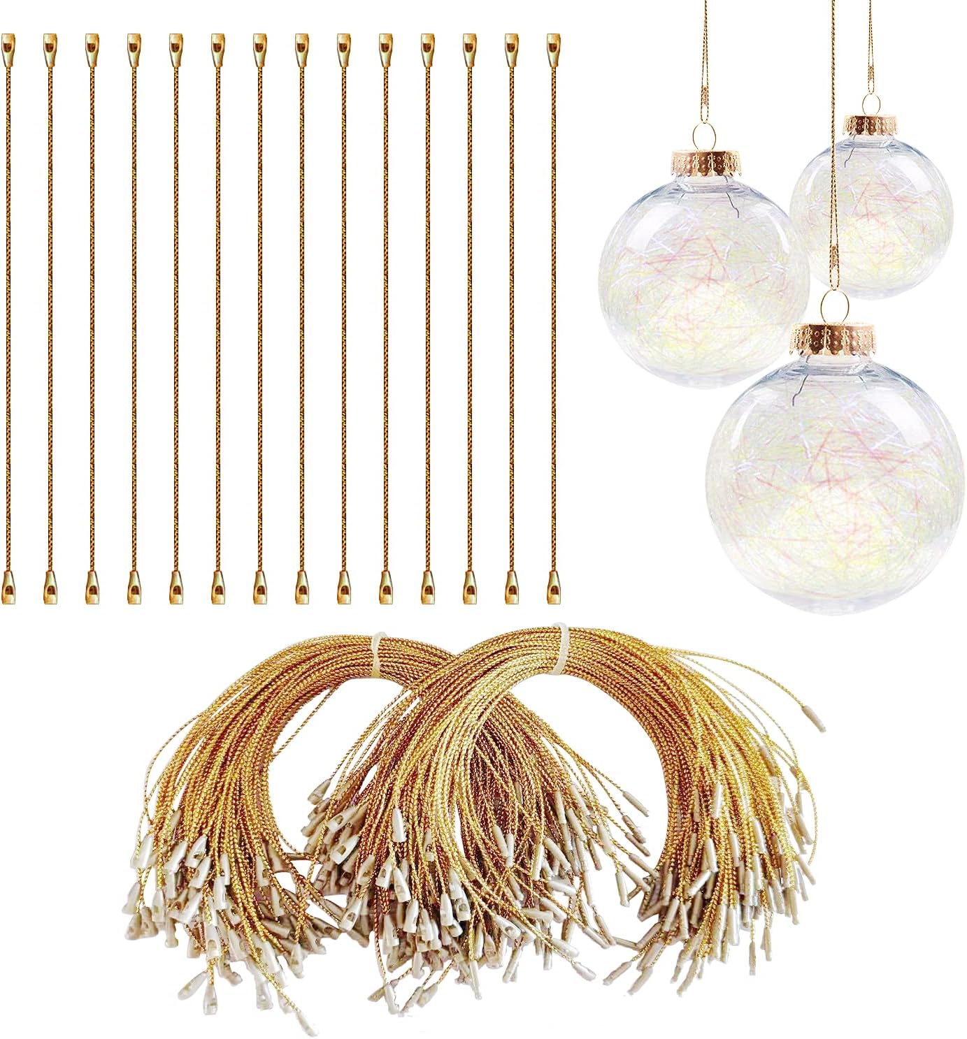 Ornament Hooks - 200pcs Christmas Ornament String with Snaps Christmas Tree Ornament Hooks Precut Ribbon Ornament Hangers Snap Locking String Fasteners Polyester Ropes for Christmas Tree Decorations (Gold)