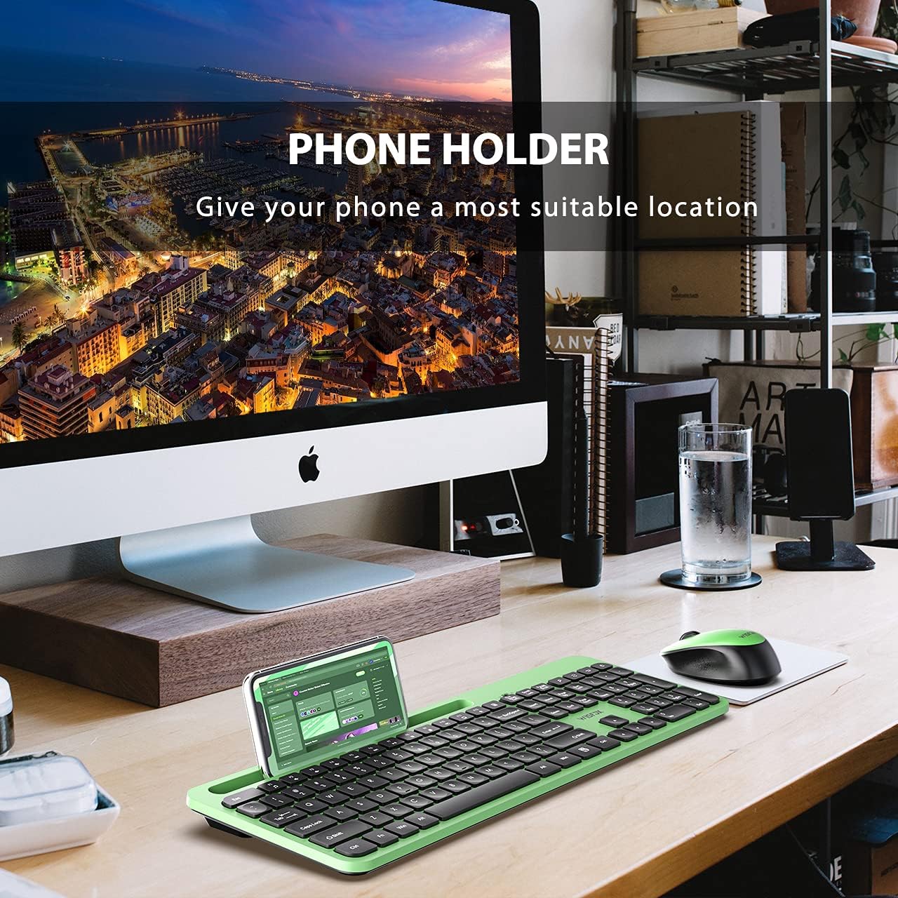 Wireless Keyboard and Mouse Combo, WisFox 2.4G Ergonomic USB Keyboard with Phone Holder, Full-Size Keyboard and Mouse Set for Computer, Laptop and Desktop(Green and Black): Computers & Accessories