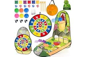 unanscre 3 in 1 Bean Bag Toss Game Toy Outdoor for Kids, Dinosaur Foldable Cornhole Board with Pop Up Basketball Game and Dartboard Set, Gift for Birthday/Xmas Party, Outside Toys for Toddlers Age 3+