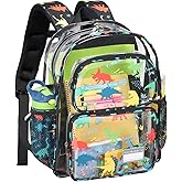 Bagseri Clear Backpack for Boys, 15 Inch Heavy Duty Kids Transparent Bookbag for School Kindergarten to 2nd Grade, Fits 12.5 Inch Folders, High Visibility Reflective Strips, Black Dinosaur