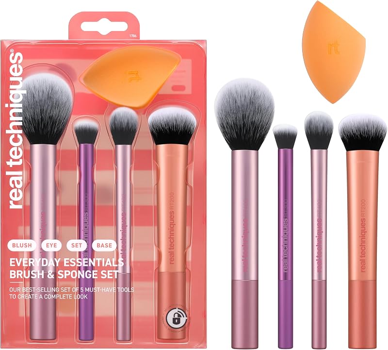 Everyday Essentials + Make-up-Schwamm-Set, Make-up-Pinsel und Make-up-Mixer-Schwamm, für Foundation, Rouge, Bronzer, Lidschatten und Puder, 5-teiliges Set